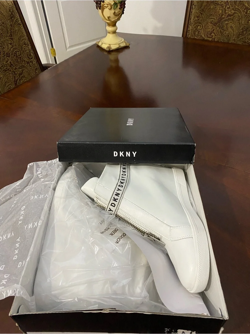 DKNY White Leather Wedge Sneaker Boot with Branded Strap